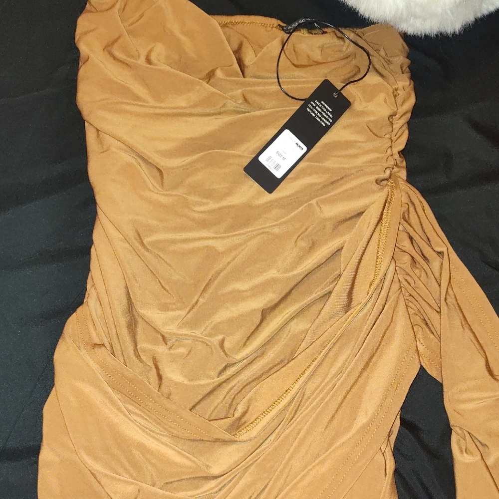 Ruched One-Shoulder Dress in Camel